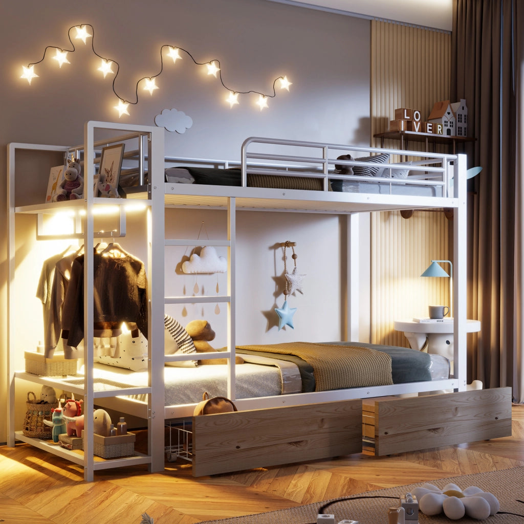 Letto a castello in metallo con 2 cassetti, LED e appendiabiti, 90x200 cm, bianco