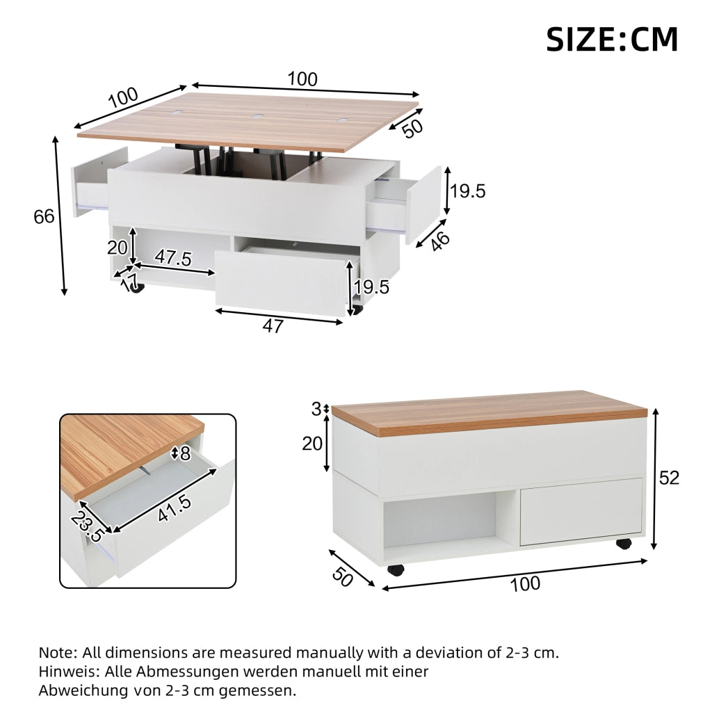 TAVOLINO DA CAFFÈ RIALZABILE 100 x 50 x 52 cm Bianco e Legno