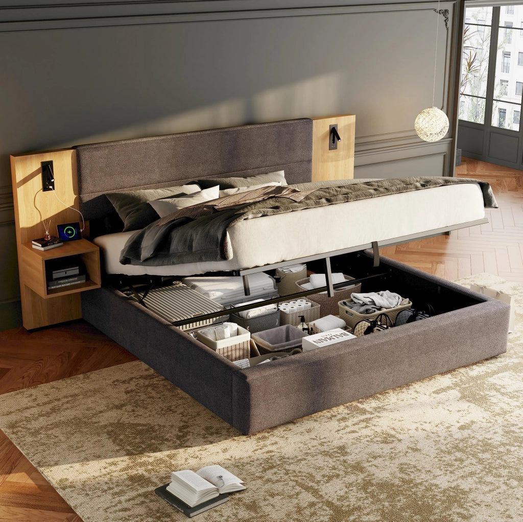 Letto imbottito contenitore 180x200 cm in velluto grigio e naturale con 2 comodini; USB e luce