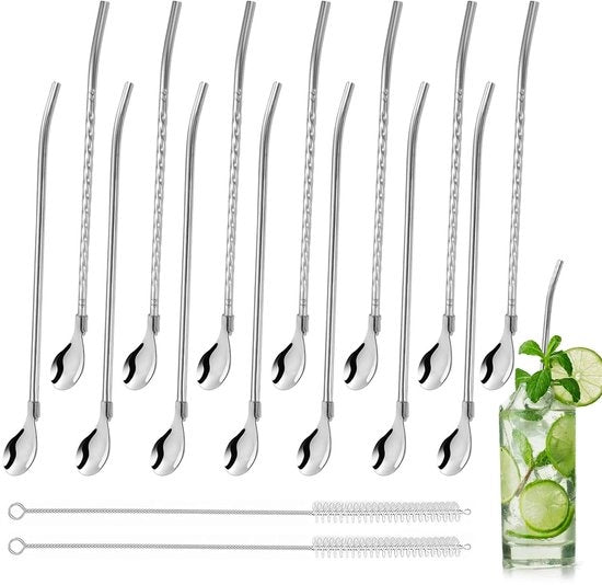 Set di 16 canne da cocktail con cucchiaio - 2-in-1 canne per bevande - argento - acciaio inossidabile - riutilizzabile - ideale per milkshakes e cocktail