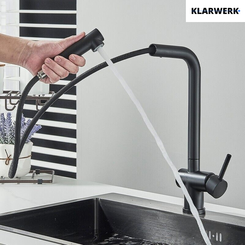 FELICE| Rubinetto da cucina estraibile Premium in acciaio inox nero opaco | Miscelatore canna dritta | Rubinetto gastro alta pressione 360° 2 attacchi