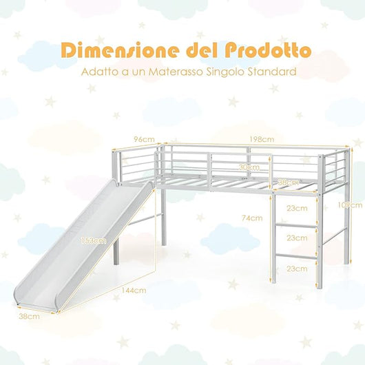Letto Singolo a Soppalco, Struttura Letto con 4 Barriere di Sicurezza, Scala a 2 Gradini e Scivolo, Mini Struttura del Letto per Bambini, Capacità di Carico 150 kg (Bianco)