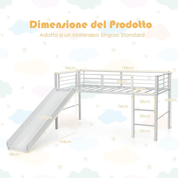 Letto Singolo a Soppalco, Struttura Letto con 4 Barriere di Sicurezza, Scala a 2 Gradini e Scivolo, Mini Struttura del Letto per Bambini, Capacità di Carico 150 kg (Bianco)