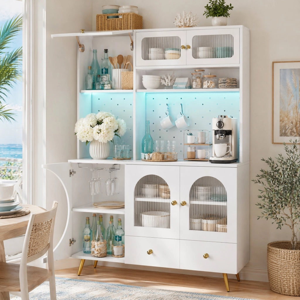 Credenza alta LED con prese USB e portabottiglie, bianca