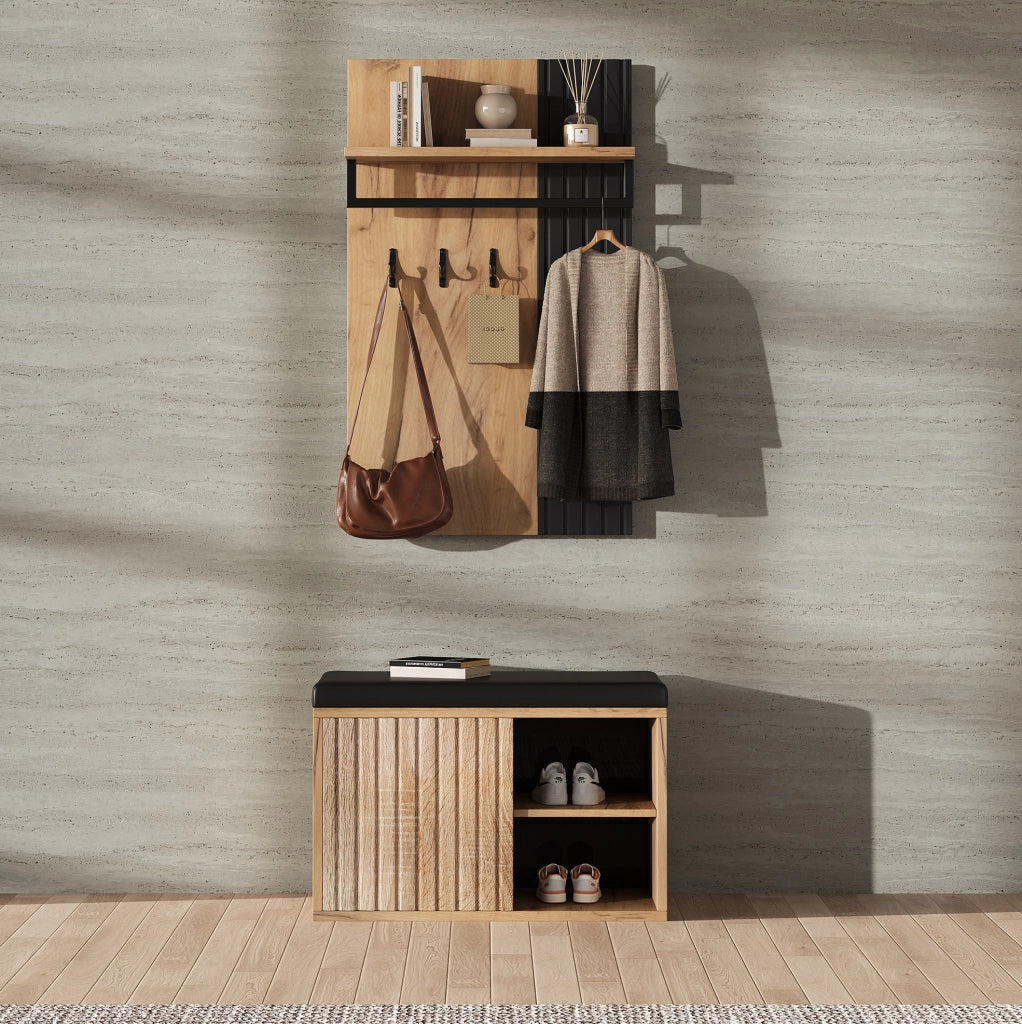 Appendiabiti da ingresso con scarpiera; panca imbottita e 3 ganci; 70 x 36 x 146 cm; nero e naturale