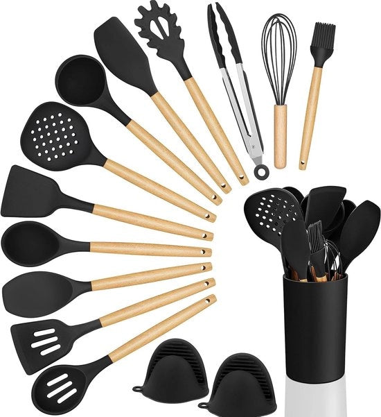 Set di utensili da cucina da 15 pezzi - utensili da cucina in silicone con trattamento antiaderente - contenitore per utensili da cucina - resistente al calore e facile da pulire
