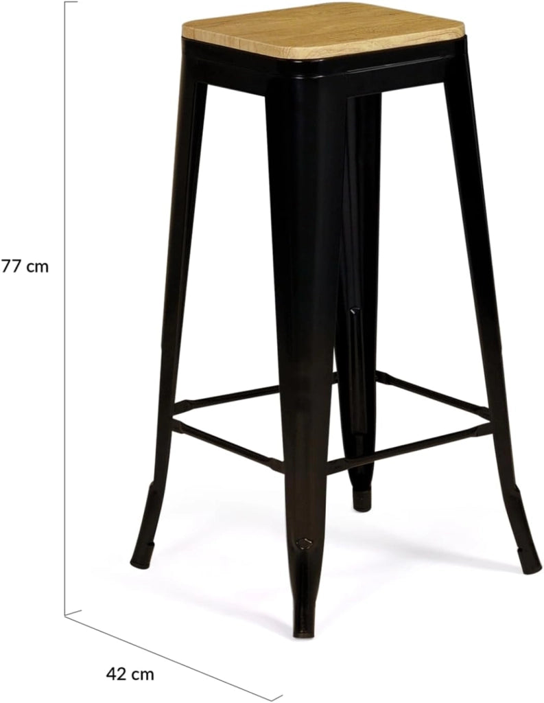 Set di 4 sgabelli da bar LENY in metallo nero opaco impilabili con sedile in legno