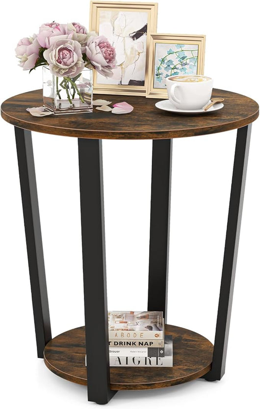 Tavolino Rotondo, Tavolino Laterale a 2 Ripiani con Mensola Aperta, Tavolino da Divano con Struttura in Metallo per Soggiorno, Camera da Letto e Piccoli Spazi (Marrone)