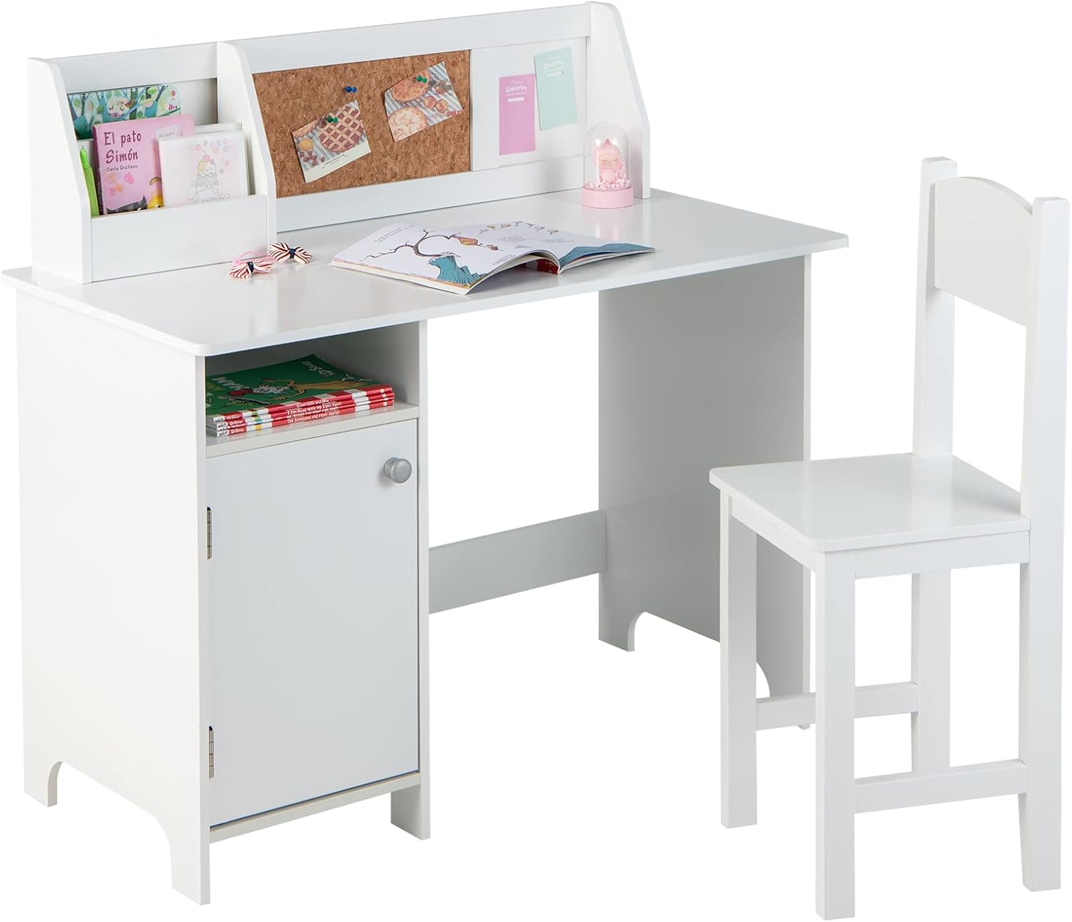 Set di Scrivania e Sedia per Bambini, Scrivania per Bambini con Cassetto, Armadietti e Scaffale, Bianco, 90 x 45 x 86 cm