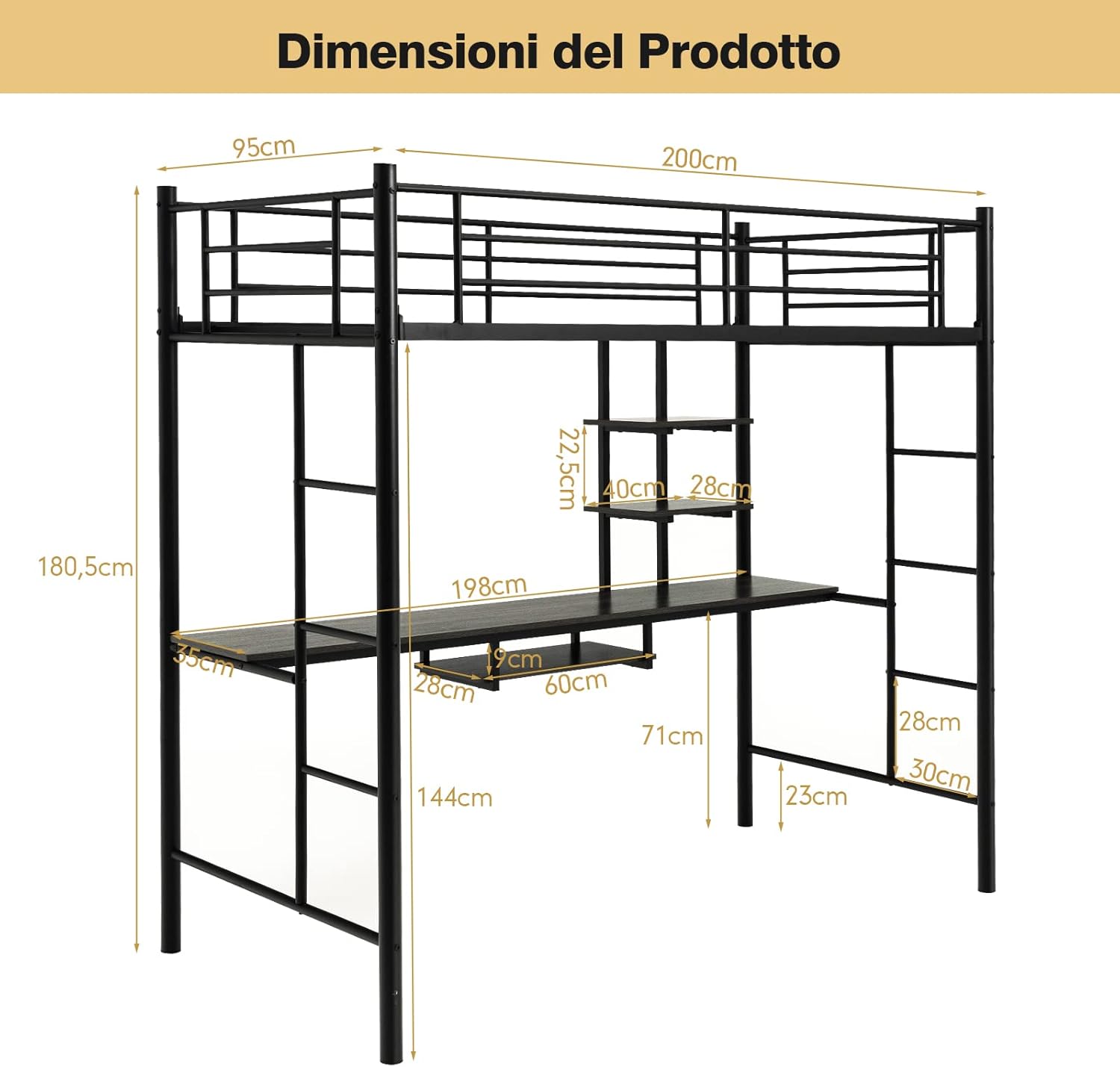 Letto a Soppalco in Metallo, Struttura del Letto Salvaspazio con 2 Scale e Scrivania, Letto a Doghe Ideale per Adolescenti e Adulti, 200x95x180,5 cm (Nero)