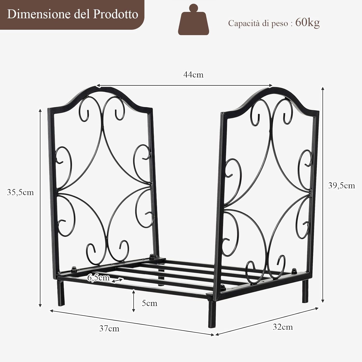 Porta Legna per Interni ed Esterni, Porta Legna per Camino in Acciaio Resistente, Portalegna da Ardere per Stufe e Braciere (37 x 32 x 39,5 cm, Portata 60 kg)