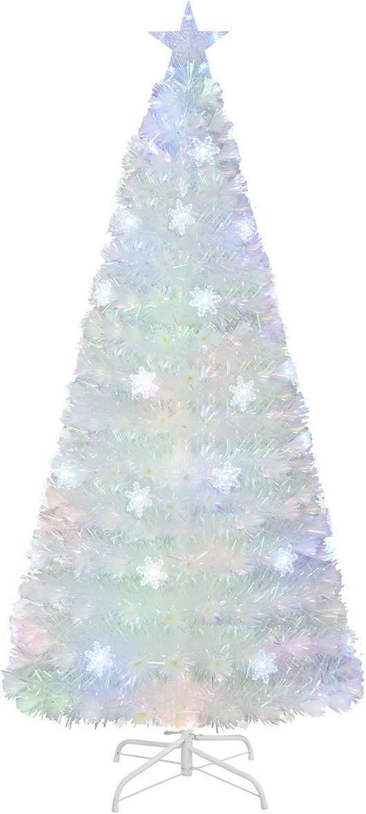 Albero di Natale Pre-illuminato in Fibra Ottica da 120/150/180cm, Albero di Natale Bianco con Foglie Iridescenti, Luci a LED a Fiocco di Neve Multicolore, Luce Superiore a Stella (180 CM)