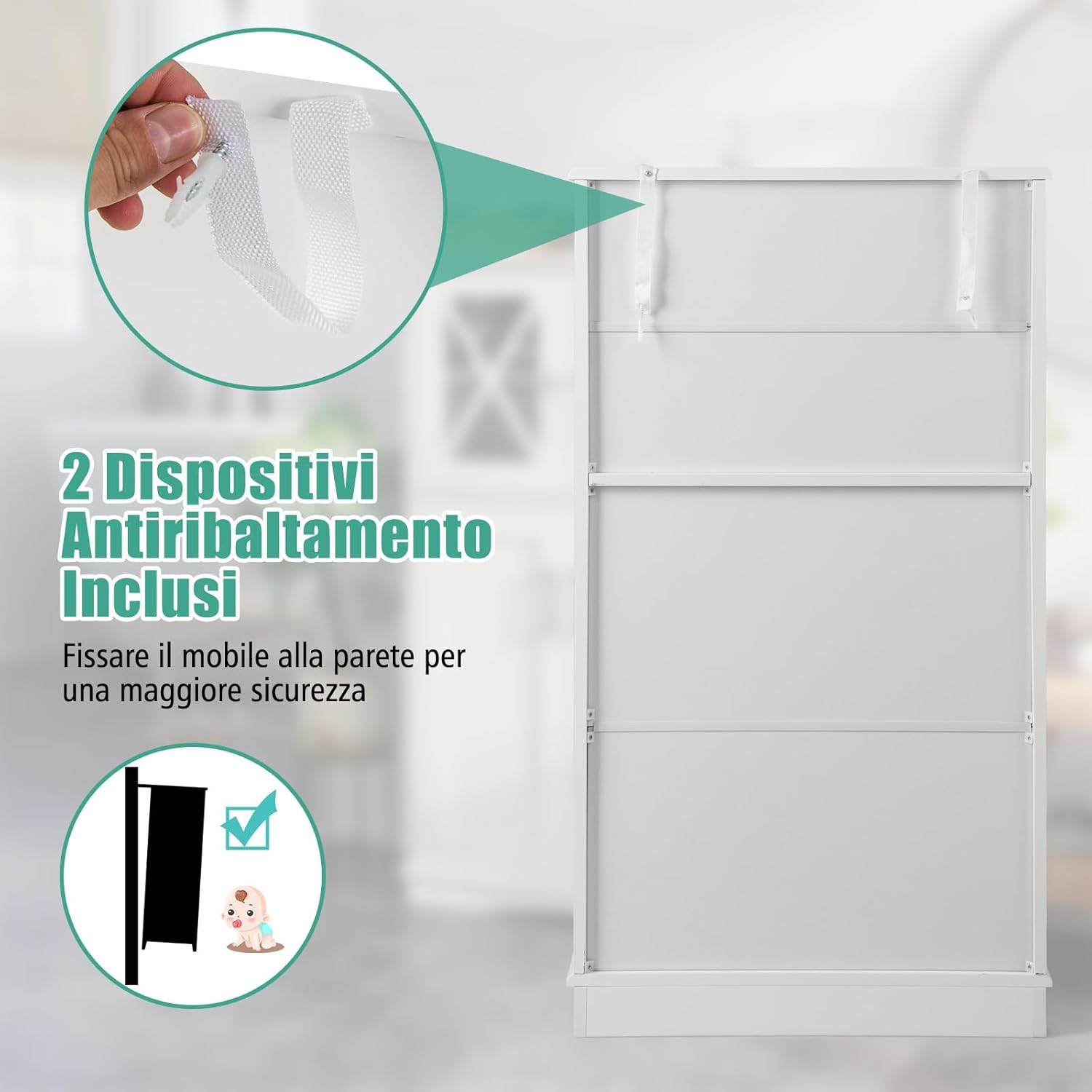 Mobile da Bagno con 4 Ante, Armadio da Terra con Ripiani Regolabili, Mobiletto Multifunzionale per Bagno Cucina e Soggiorno, 60x30x108 cm, Bianco (Bianco)
