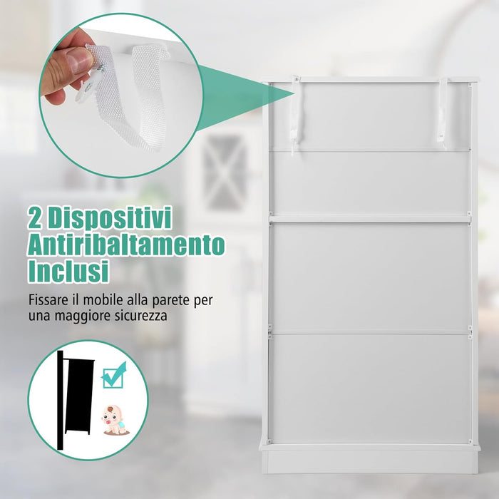 Mobile da Bagno con 4 Ante, Armadio da Terra con Ripiani Regolabili, Mobiletto Multifunzionale per Bagno Cucina e Soggiorno, 60x30x108 cm, Bianco (Bianco)