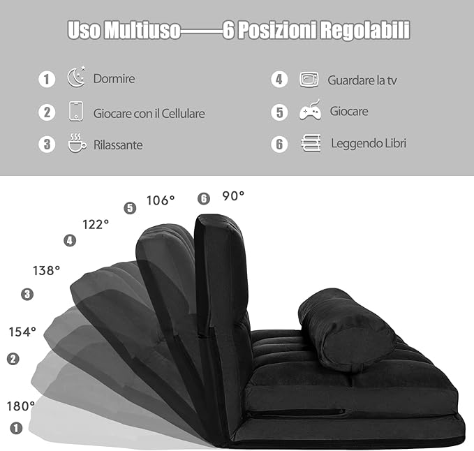 Divano Letto da Terra con 2 Cuscini, Divano Letto Pieghevole con Schienale Regolabile a 6 Livelli, Ideale per Camera da Letto e Soggiorno (Nero)