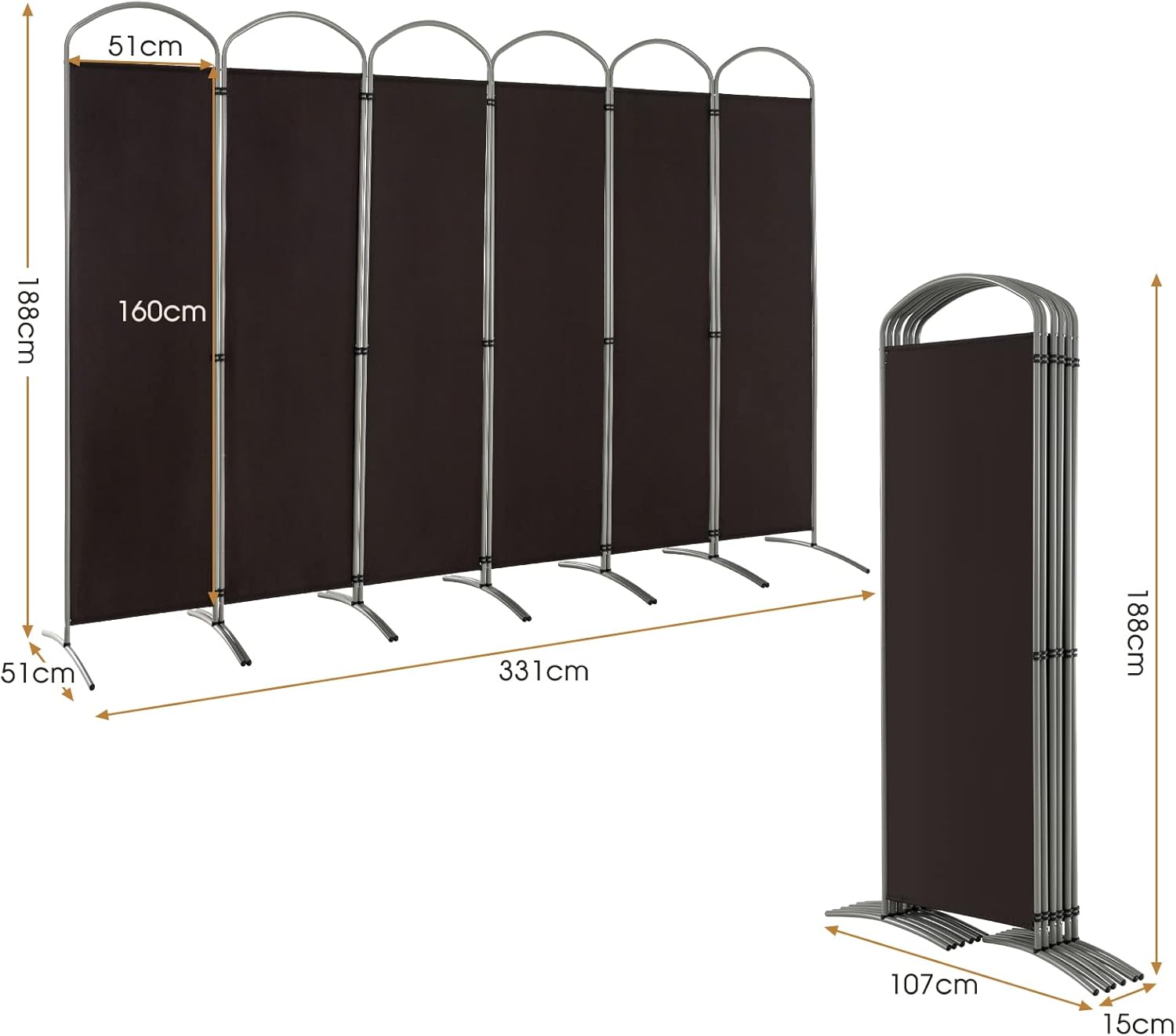 Paravento Pieghevole a 4/6 Pannelli, Separé Divisorio Interno ed Esterno, Pannelli Divisori per Camera da Letto, Ufficio e Soggiorno (331 x 188 cm 6 Pannelli, Marrone)