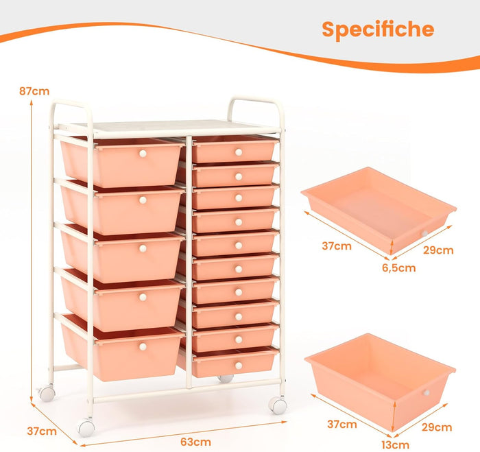 Carrello con 15 Cassetti Impilabili, Carrello di Stoccaggio con Ruote, Carello Portaoggetti per Casa e Ufficio, 62,5 x 37 x 87 cm (Arancia)