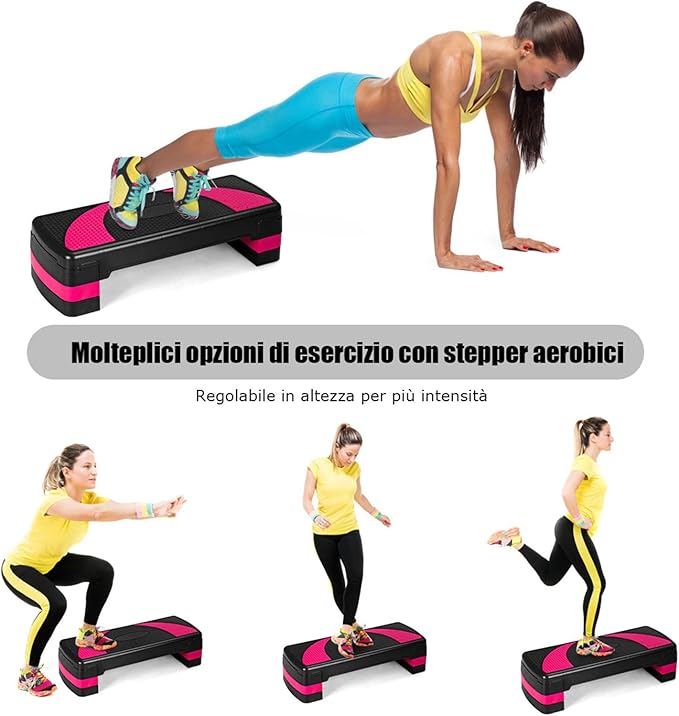 Stepper Fitness per Aerobica, Piattaforma Step 3 Altezze 10-15-20cm, Stepper Aerobic Ideale per Allenamento a Casa e Palestra, Nero Rosa