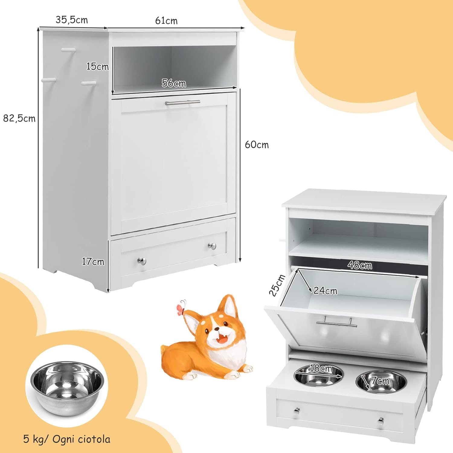 Stazione di Alimentazione per Animali Domestici con Ciotola in Acciaio Inox, Gancio, Dispositivo Antiribaltamento, Armadietto di Stoccaggio per Cani e Gatti, 61 x 35,5 x 82,5 cm