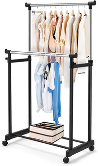 Stand Appendiabiti Multiuso in Metallo, Porta Abiti con Ruote, Appendiabiti Doppio con Altezza Regolabile, 86x43x94-168 cm