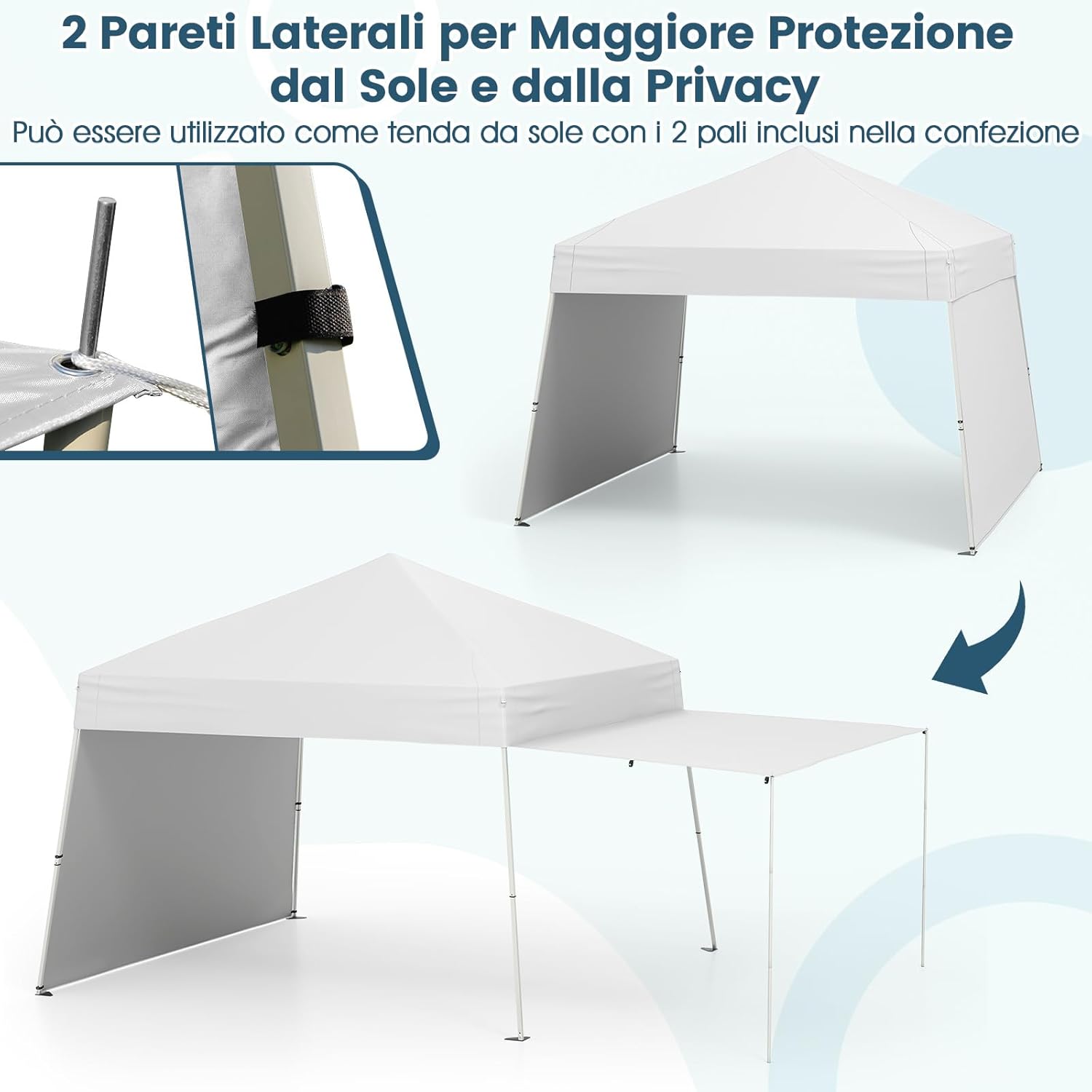 Gazebo Pieghevole 430 x 280 cm, Gazebo da Esterno con Pareti Laterali Convertibili in Tenda da Sole, 8 Picchetti, 4 Corde Antivento, Tendone Impermeabile per Feste (Bianco)