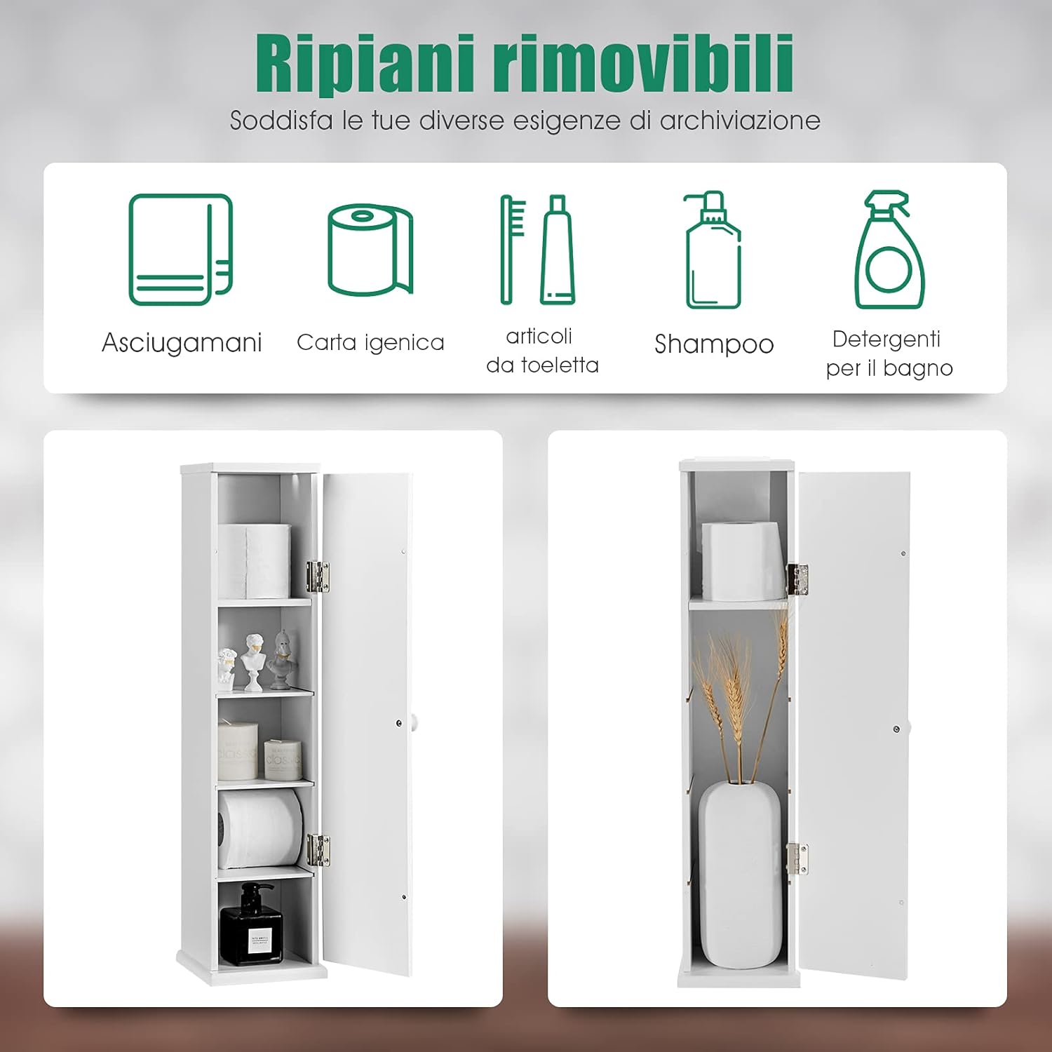 Armadietto Verticale, Armadietto Porta Carta Igienica con 3 Mensole Smontabili, 4 Livelli con Grande Capacità e Dimensione Compatta, Ideale per Camera da Letto Salone Bagno, Bianco