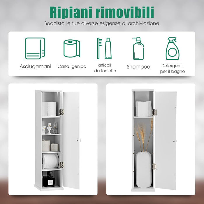 Armadietto Verticale, Armadietto Porta Carta Igienica con 3 Mensole Smontabili, 4 Livelli con Grande Capacità e Dimensione Compatta, Ideale per Camera da Letto Salone Bagno, Bianco