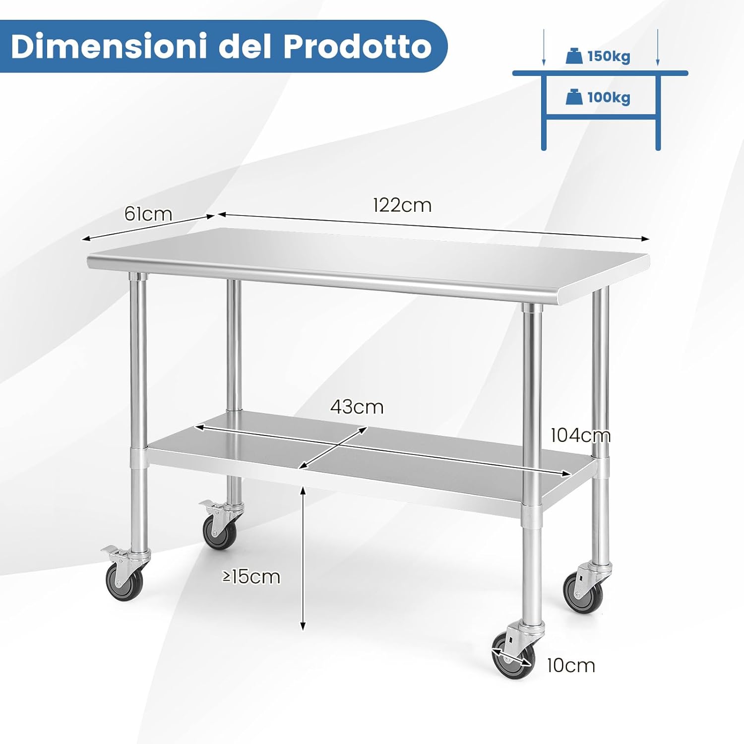 Tavolo da Lavoro in Acciaio Inox, con 4 Ruote Bloccabili Gambe Zincate e Ripiano Regolabile, Tavolo Multiuso per Cucina Ristorante e Lavanderia, 122 x 61 cm, Argento