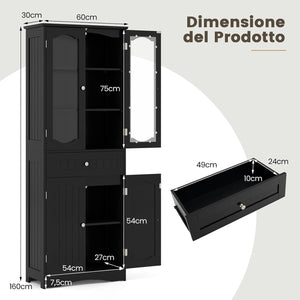 Armadietto Salvaspazio 60 x 30 x 160cm, Mobile Bagno con 2 Ripiani Regolabili, Cassetto e 2 Porte in Vetro Temprato, Armadio da Bagno per Ufficio, Soggiorno e Camera da Letto, Bianco (Nero)