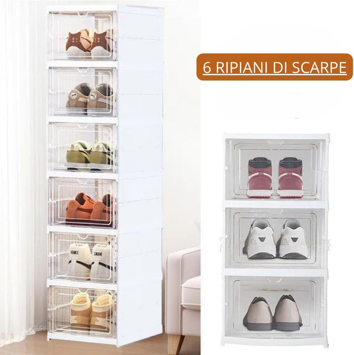 Scarpiera Salvaspazio Slim Pieghevole con 6 Ripiani Facile da Montare e Compatta, Organizer Portascarpe con 6 Contenitori per Scarpe e Ciabatte