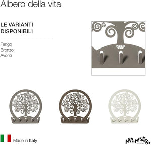 Portachiavi da Parete Albero della Vita Fango - Design Moderno in Acciaio, 5 Ganci, Decorativo per Ingresso e Ufficio - Arti e Mestieri, Made in Italy
