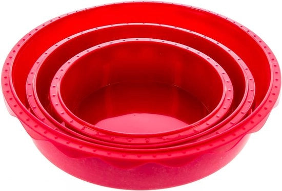 Set di 3 forme per torte in silicone di diametro 16 cm, 20 cm e 26 cm, rosse, forme in silicone per la preparazione di torte e dessert, inclusi 4 ricette.