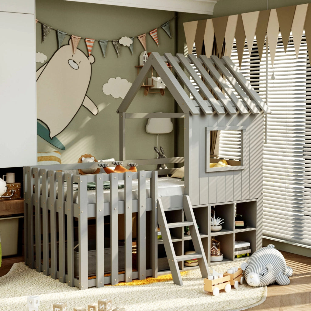 Letto a soppalco per bambini 90x200 cm a casetta con tetto e finestre; in legno grigio