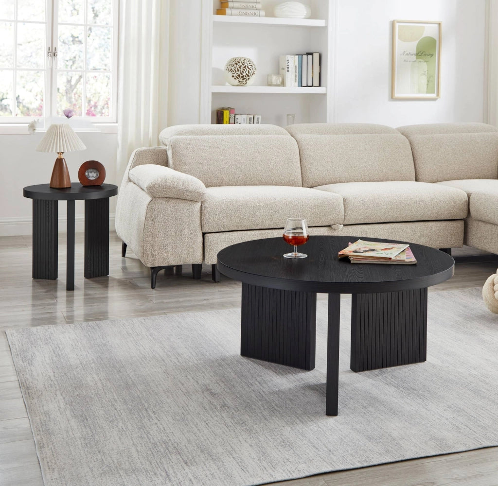 Set di 2 tavolini da salotto con struttura scanalata in MDF nero