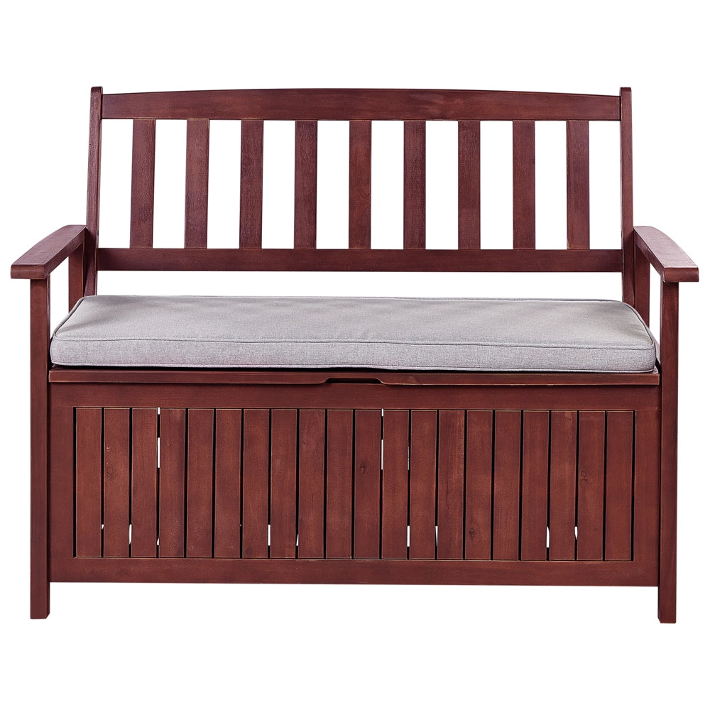 Panca da Esterno con Contenitore in Legno Massello di Acacia 2 Posti 120 cm Rosso Mogano e cuscino grigio