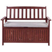 Panca da Esterno con Contenitore in Legno Massello di Acacia 2 Posti 120 cm Rosso Mogano e cuscino grigio