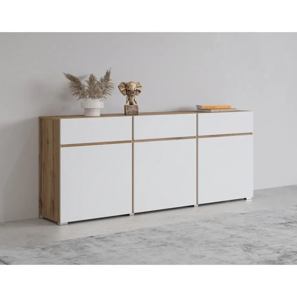 Buffet HAVANA – 180 cm – 3 ante a battente e 3 cassetti – Rovere e bianco – Design contemporaneo