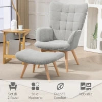 Poltrona Relax con Pouf Poggiapiedi in Velluto a Costine con Schienale Alto e Braccioli, Grigio