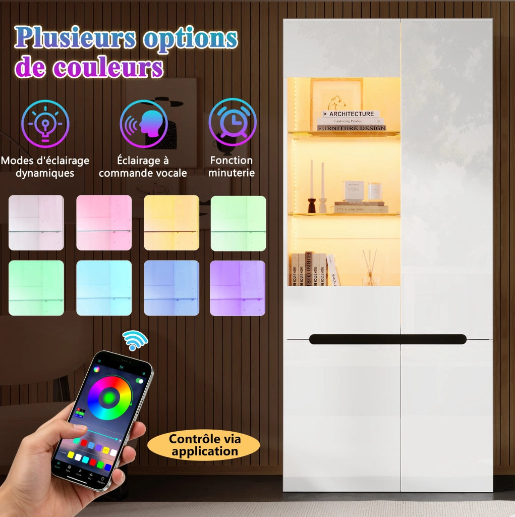 Vetrina verticale 80x35x180 cm con 4 ante; LED Bluetooth e ripiani in vetro regolabili; MDF bianco