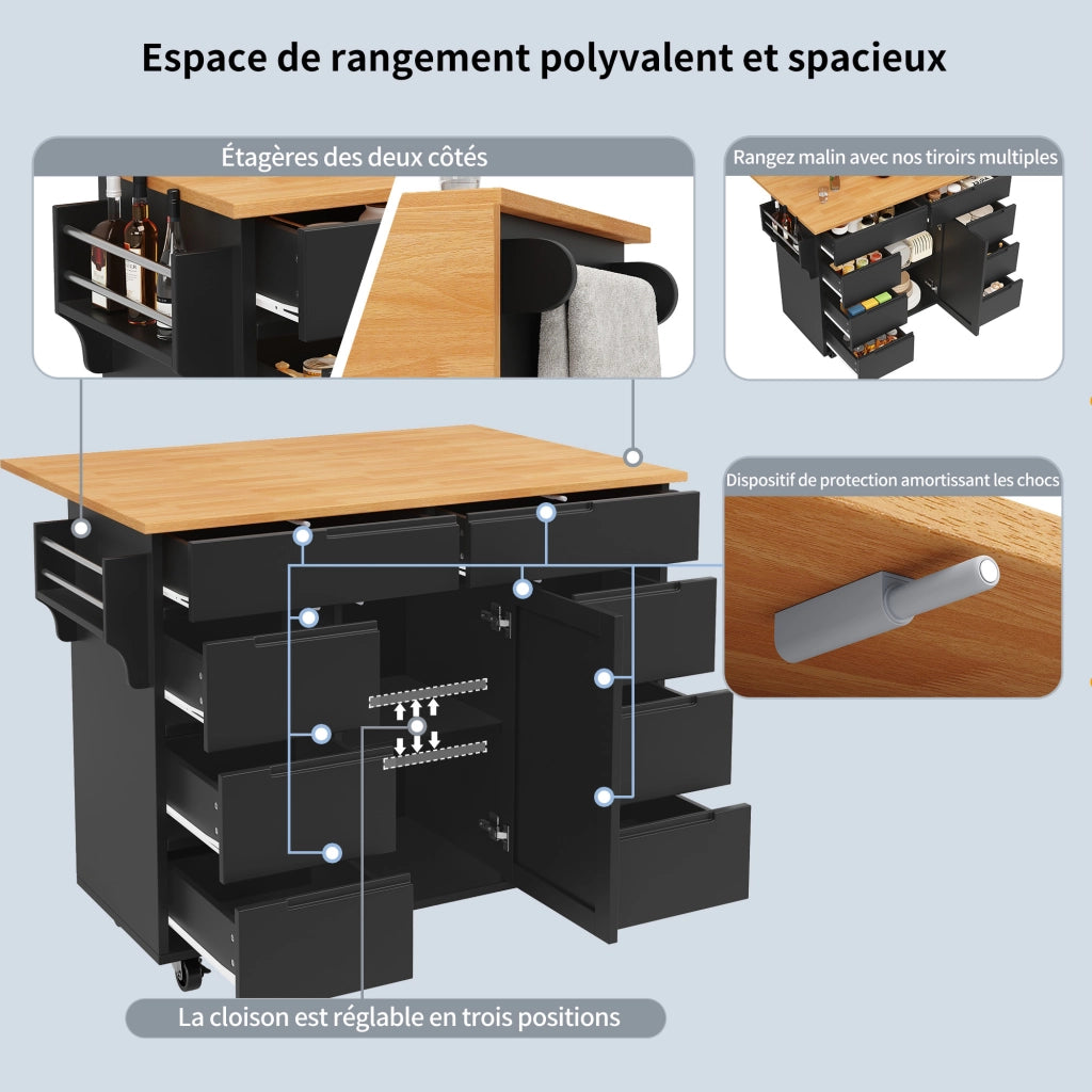 Carrello da Cucina con 8 Cassetti; 1 Anta; Ripiano Regolabile; Piano Ribaltabile e Ruote; in MDF; Nero; 122x46x91;5 cm