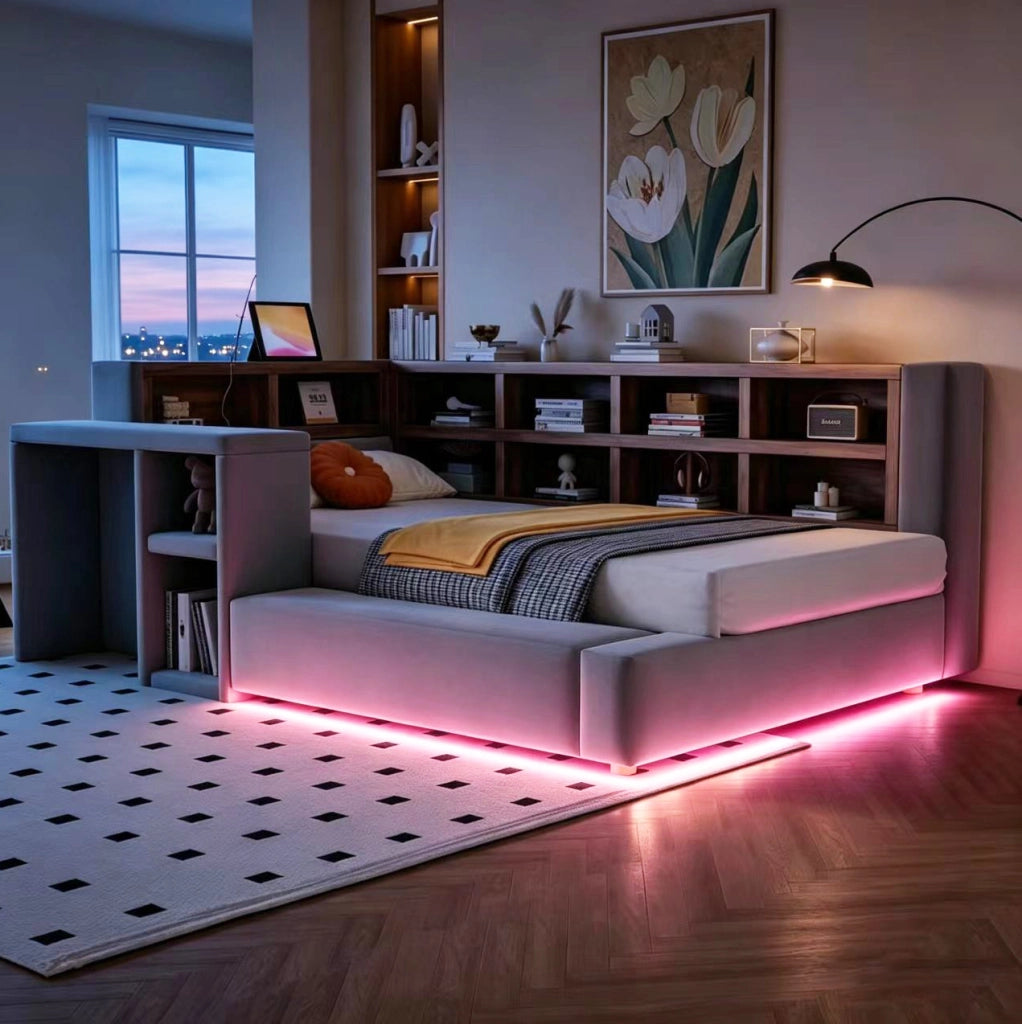 LETTO imbottito 90x200 cm grigio scuro con vani, LED e prese