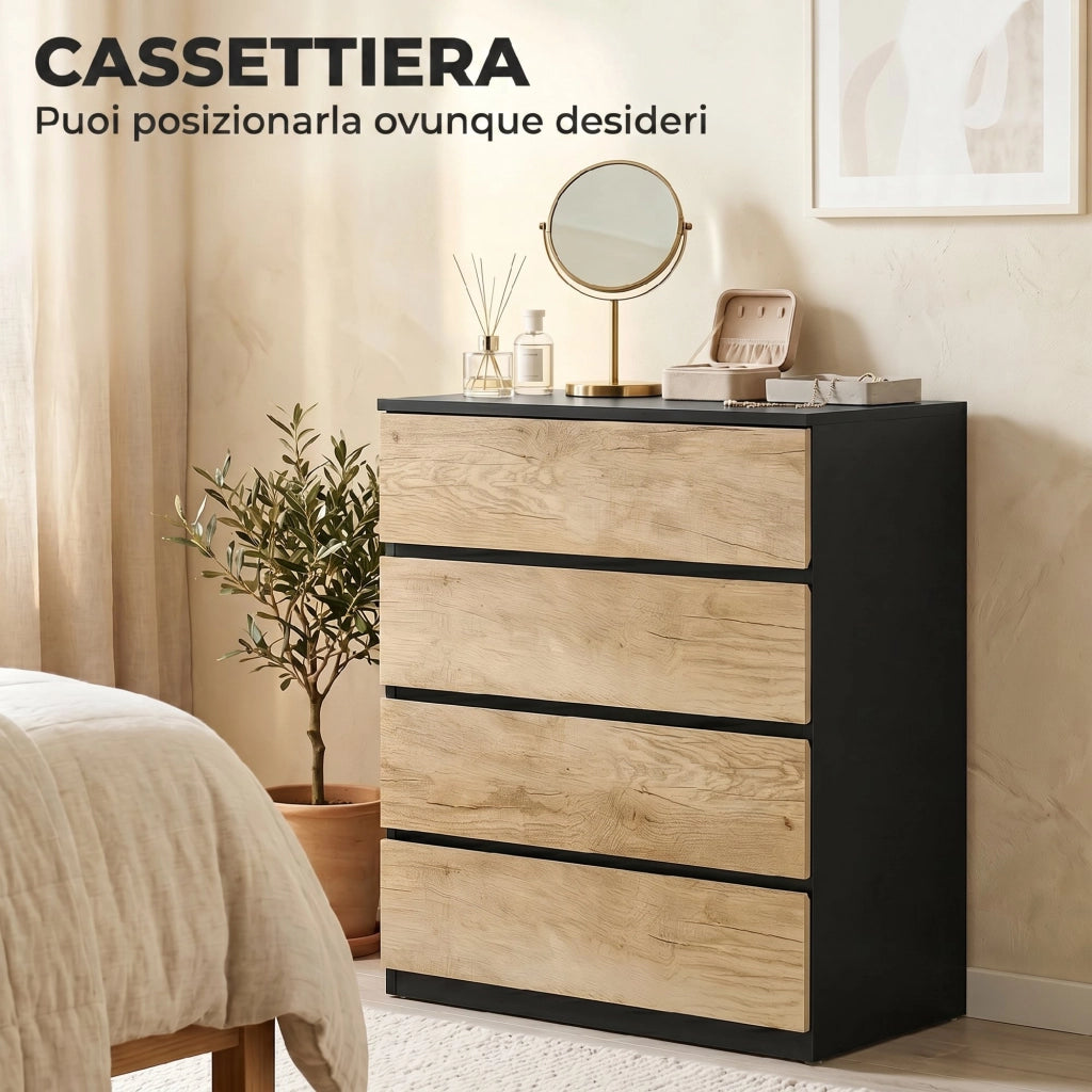 Cassettiera 4 Cassetti 60x40x80 cm con Guide in Metallo e Maniglie Scanalate in Legno Nero e Rovere