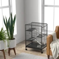 Gabbia per Piccoli Animali e Piccoli Roditori con Ruote, Gabbietta per Conigli e Cincillà con 3 Rampe e 3 Piattaforme, Ciotola e Bottiglia, 61.5x44x95 cm, Nero