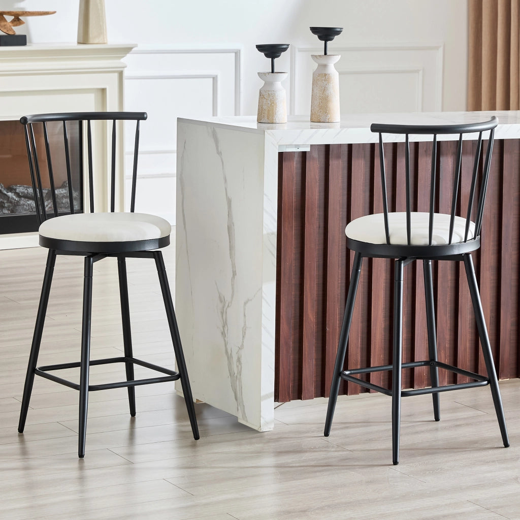 Sgabello da bar in stile Windsor con seduta imbottita e schienale curvo, in metallo e PU bianco 73.0 × 45.5 × 45.0 cm