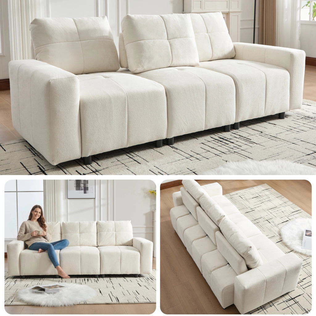 Divano modulare a 3 posti con funzione letto e schienale regolabile in ciniglia beige bianco 213 × 94 × 84 cm