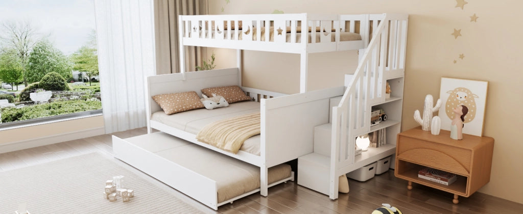 LETTO A CASTELLO 90x200/140x200 cm Bianco in legno con scaletta e letto estraibile