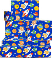 Pacchetto di regalo Astronave Sole Luna Stelle Animali Spazio Carta da imballo 6 Fogli - Regalo per bambini - Etichette adesive