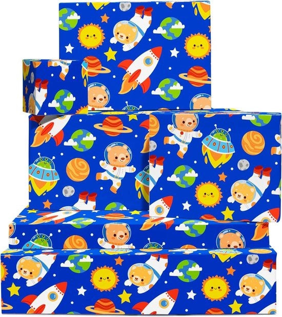 Pacchetto di regalo Astronave Sole Luna Stelle Animali Spazio Carta da imballo 6 Fogli - Regalo per bambini - Etichette adesive