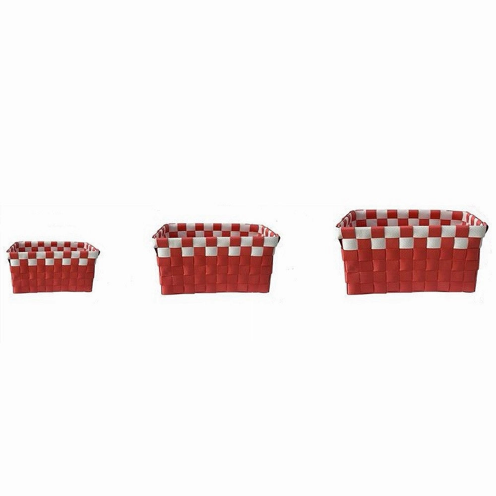 Trade Shop - Set 3 Cestini Portaoggetti Organizer Tessuto Bagno Rettangolari Rosso Bianco 59083 -
