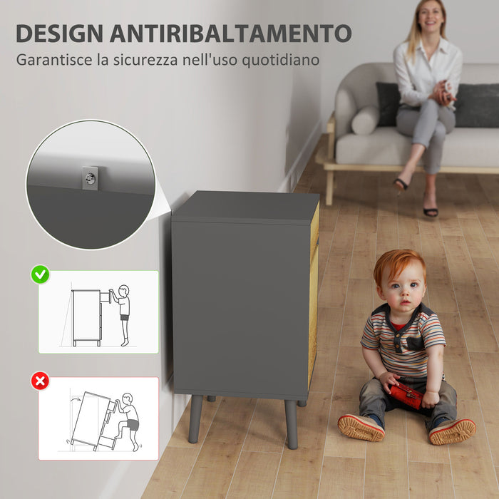 Comodino Moderno 40x39x69 cm con Cassetto e Armadietto in Truciolare Senza Maniglie Grigio Scuro e Legno